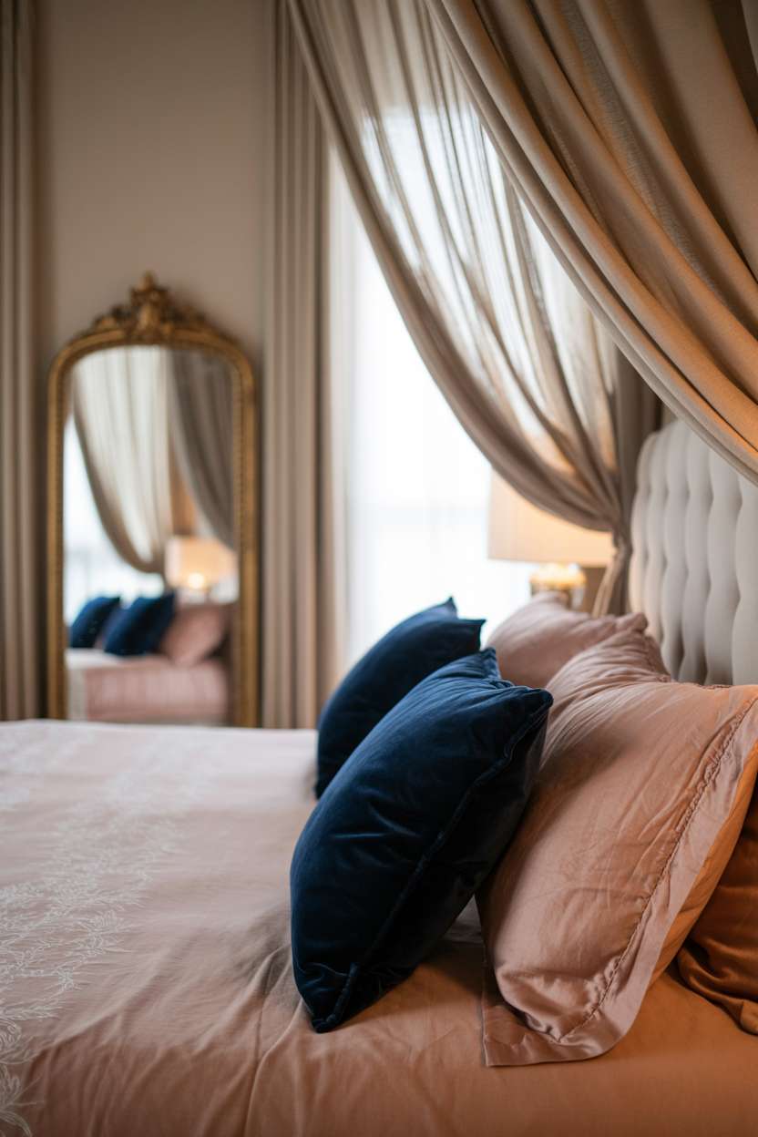 Luxurious bedroom with blush pink linen, navy blue pillows, ornate gold mirror, and flowing curtains