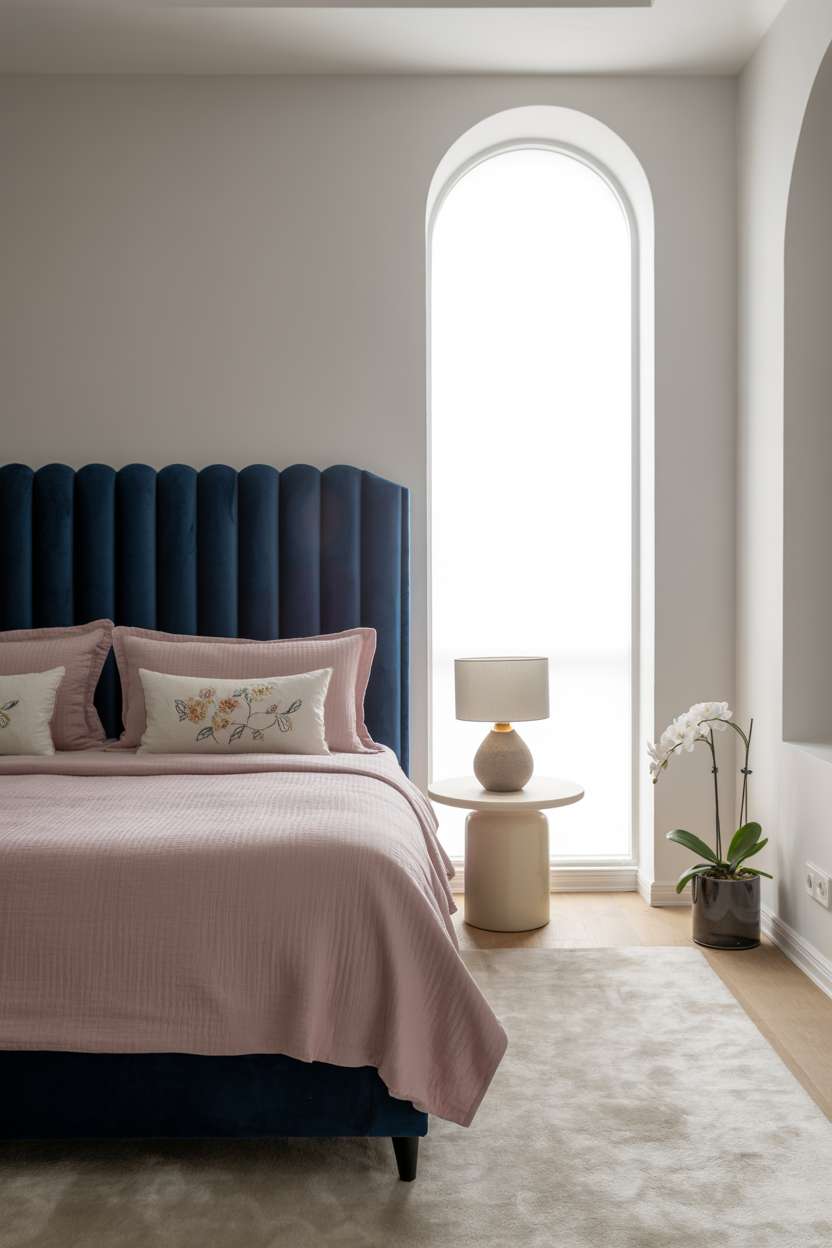 Bedroom with navy velvet headboard, pink linen bedding, embroidered floral pillows, and arched window