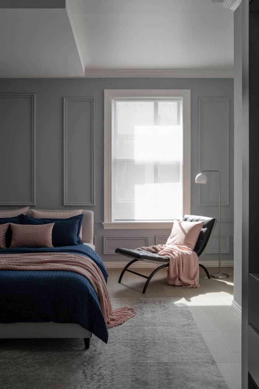Gray bedroom with navy bedding, pink accents, modern chaise lounge, and diffused sunlight