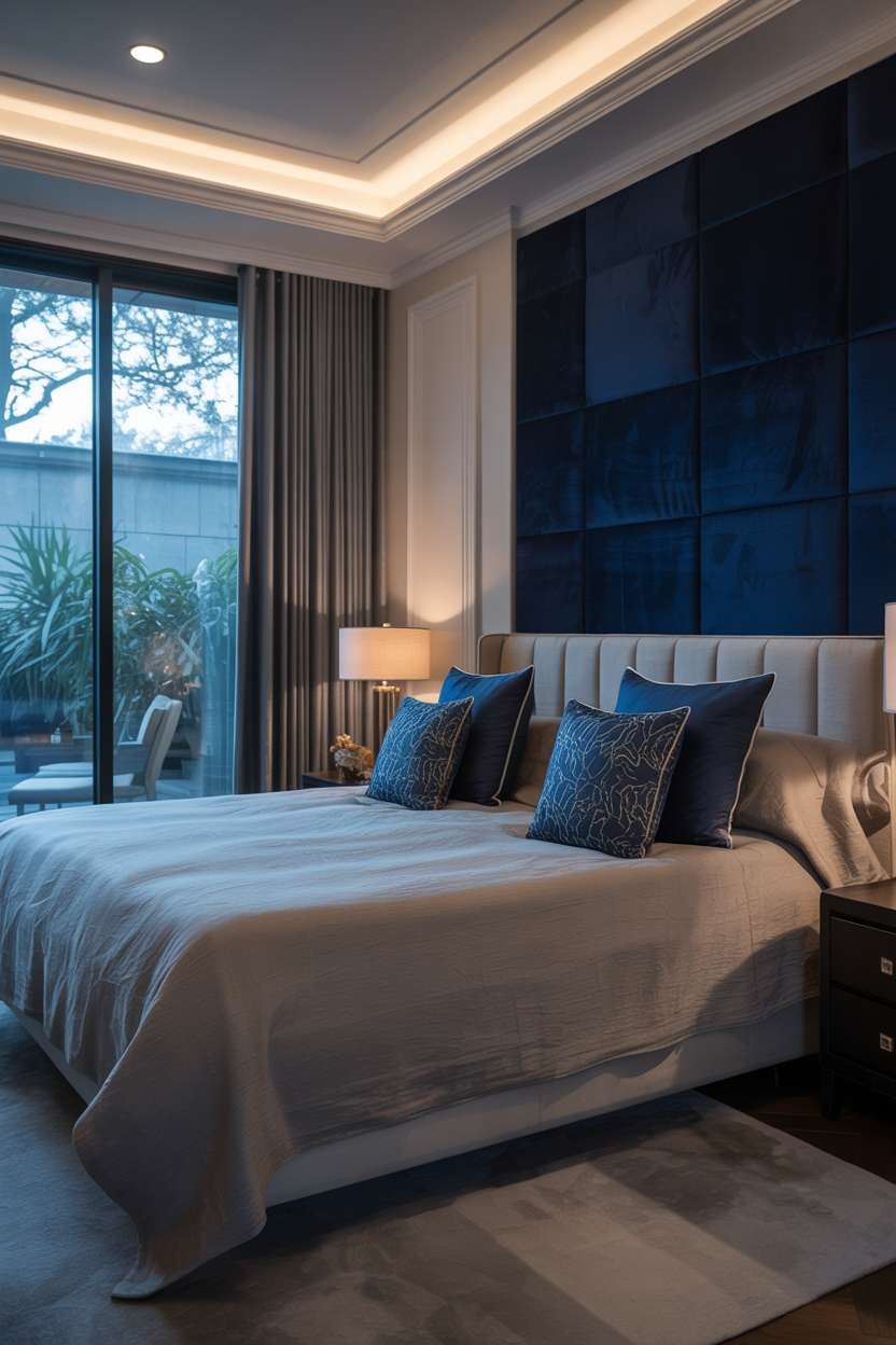 Navy and grey bedroom with patterned pillows, recessed lighting, and elegant floor lamp