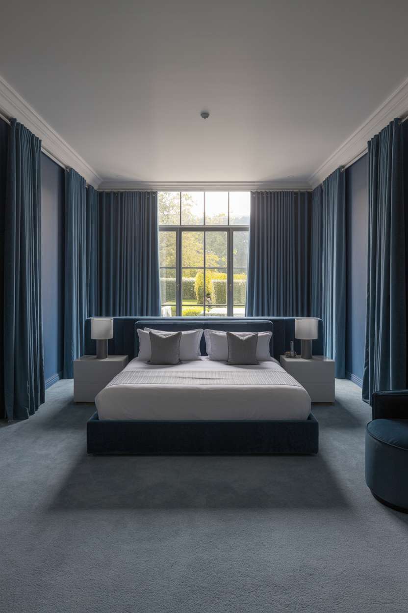 Spacious bedroom with navy and grey decor, floor-to-ceiling curtains, and plush carpeting