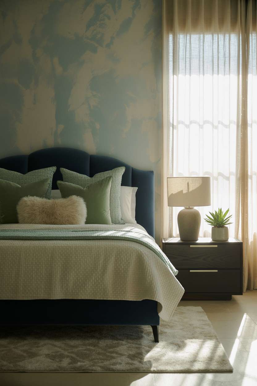Navy bedroom with sage green accents, textured accent wall, dark wood nightstand, and succulent plant