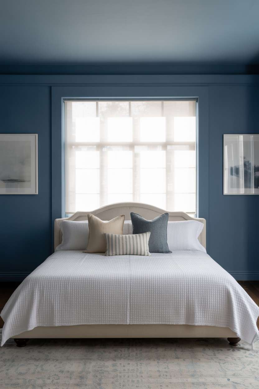 Navy bedroom with light blue walls, white linen bedding, cream and grey pillows, and minimal artwork