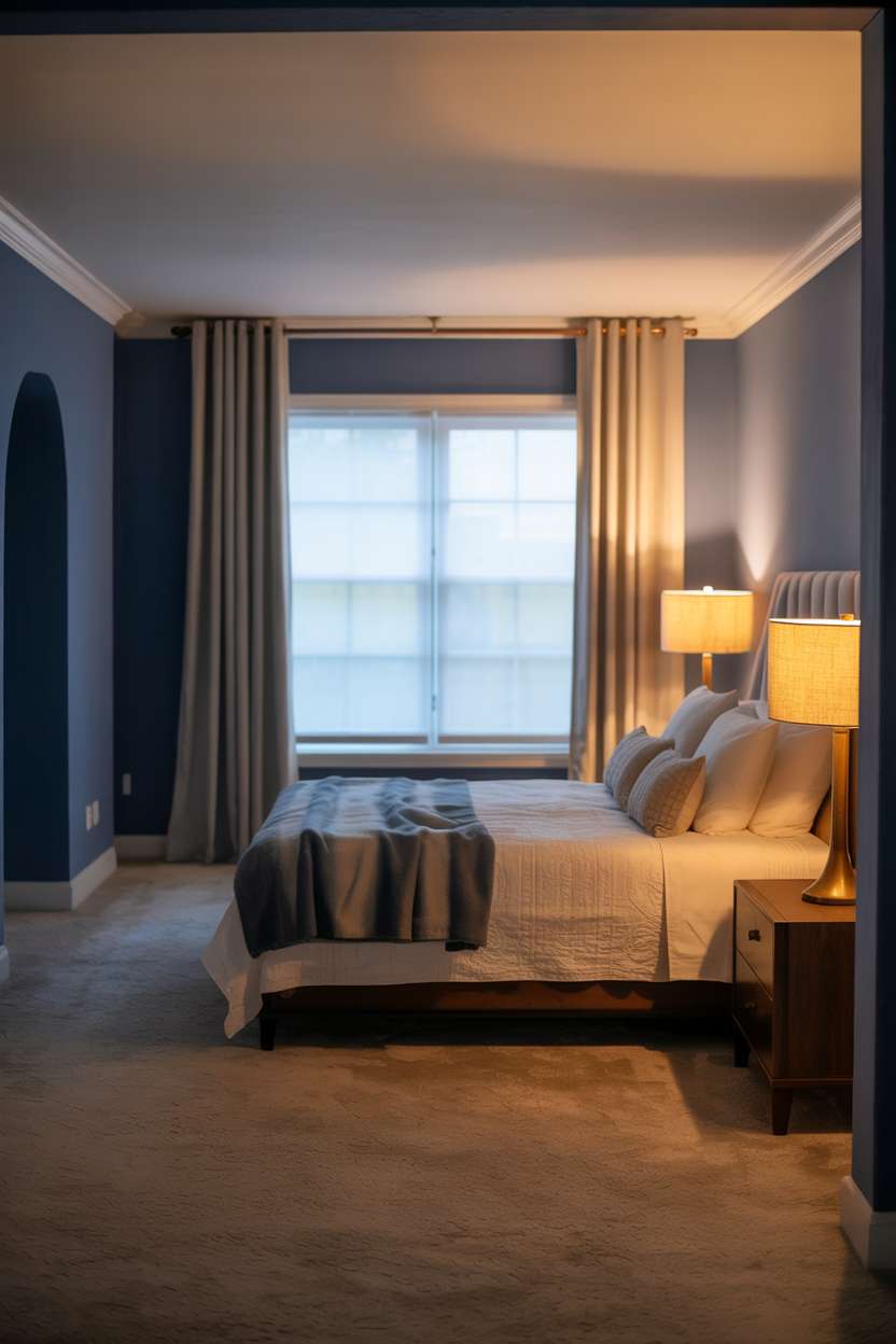 Cozy navy bedroom with cream carpeting, floor lamp with linen shade, and window view