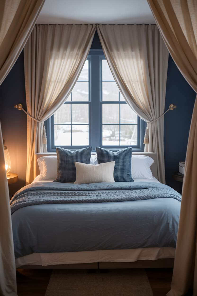 Navy bedroom with cream drapes, snow-covered landscape view, fireplace glow, and textured pillows