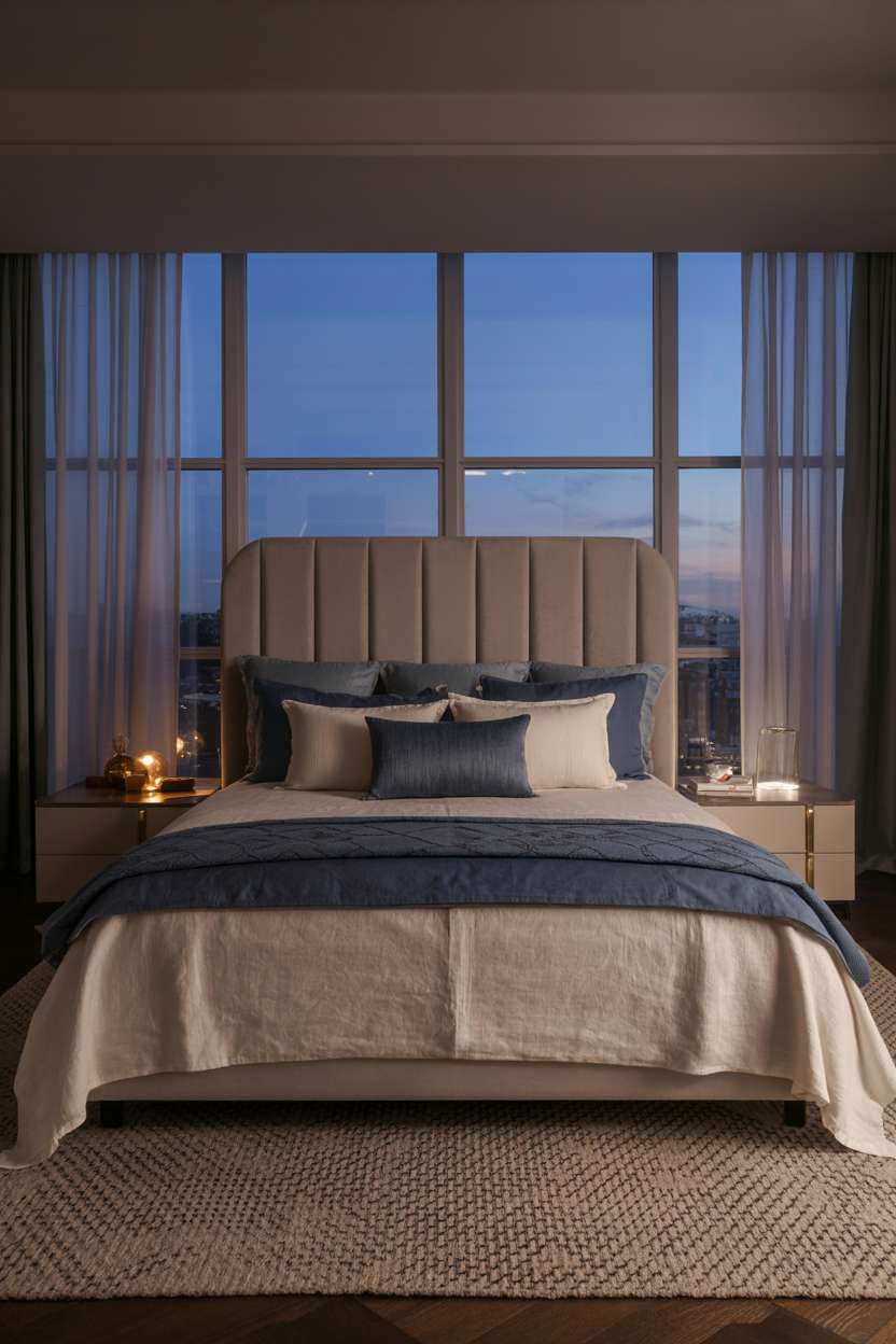 Modern bedroom with dove-gray headboard, navy and cream bedding, geometric rug, and twilight city view