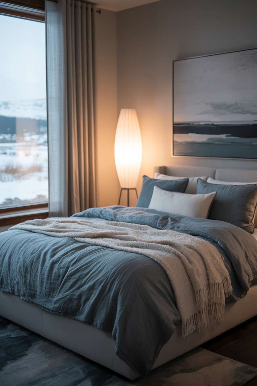 Cozy bedroom with navy blue linen bedding, ivory pillows, snow landscape view, and modern abstract art