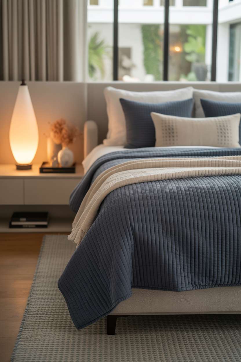 Luxurious bedroom with navy and cream bedding, geometric patterned pillows, woven rug, and garden glimpse