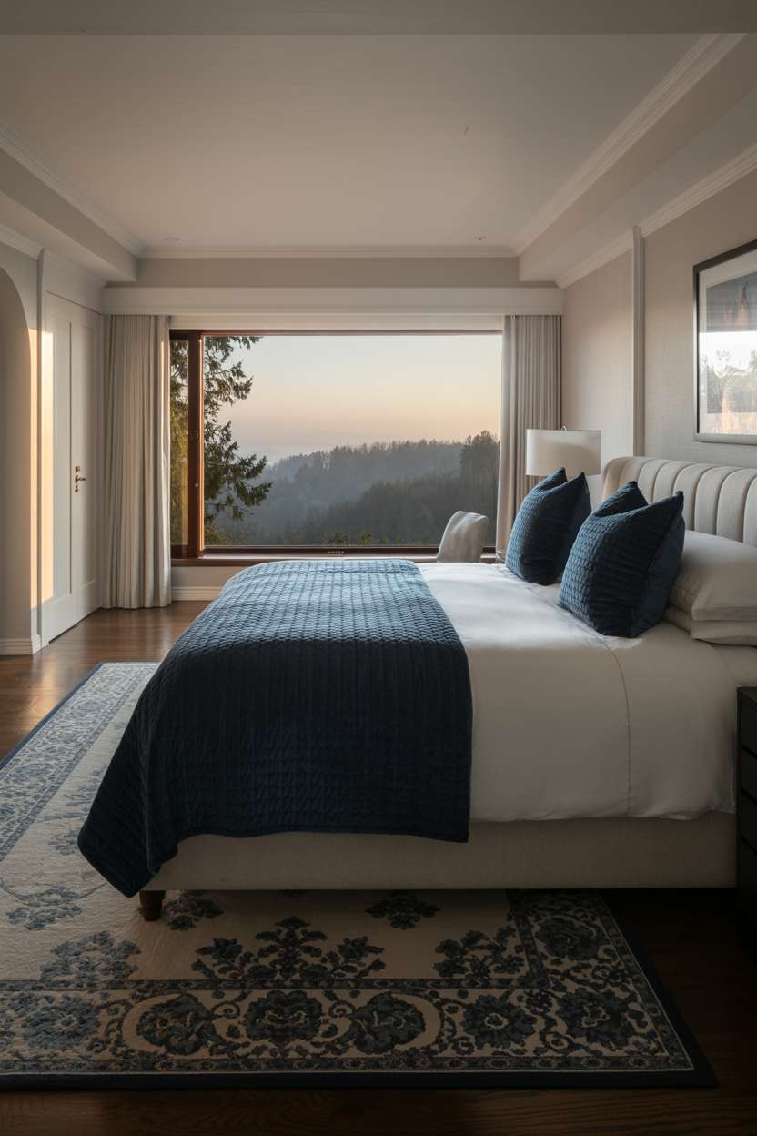 Navy bedroom with white linens, quilted bedspread, misty forest panoramic view, and neutral decor