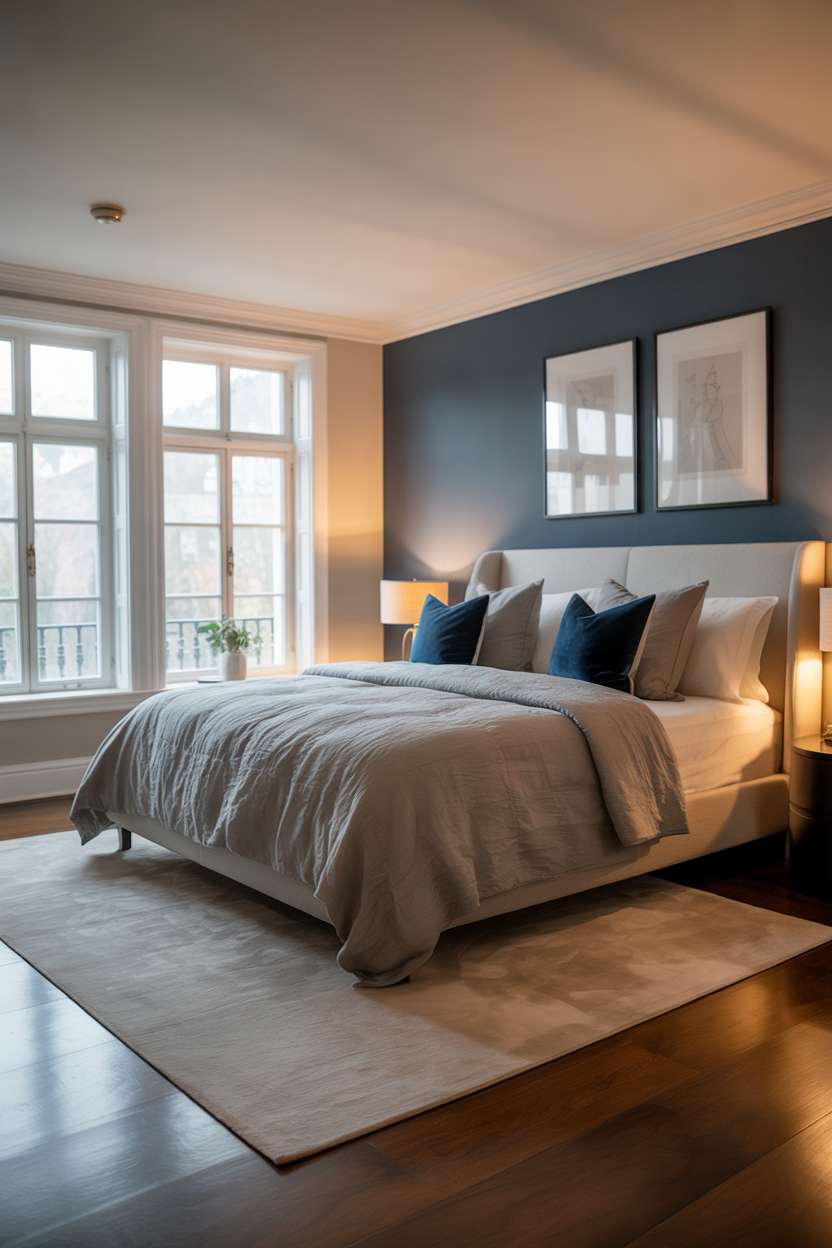 Spacious bedroom with grey linen duvet, navy accent wall, minimalist artwork, and cream rug
