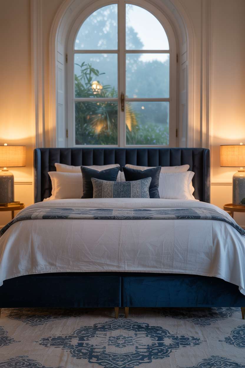 A navy blue bedroom