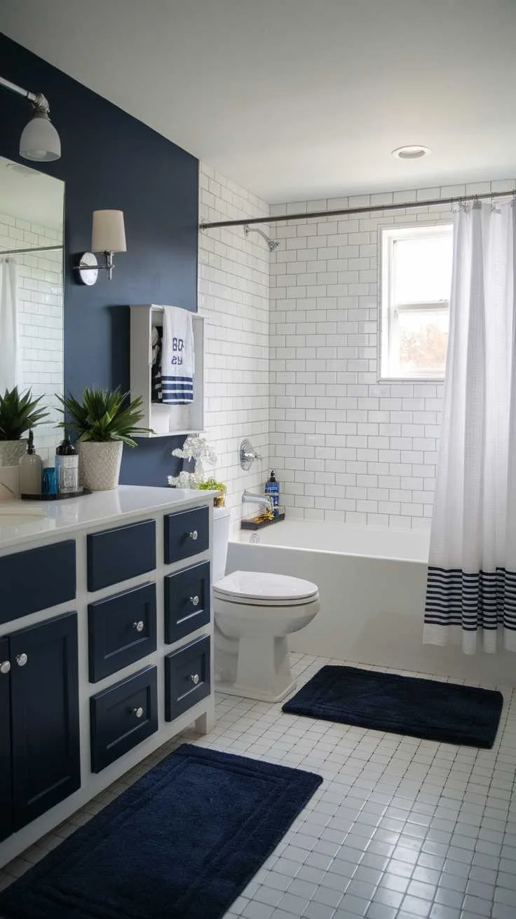A navy blue bathroom featuring an accent wall, white tiles, and stylish decor.