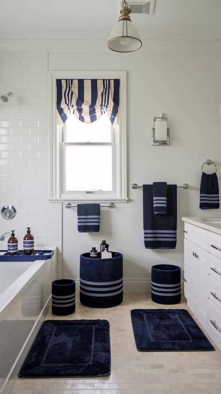 Navy blue bathroom accessories including soap dispensers, containers, and rugs.
