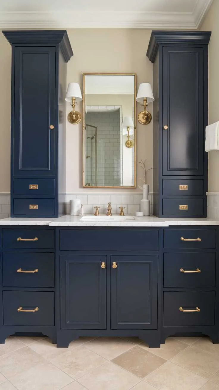Navy blue bathroom cabinetry with gold hardware accents.