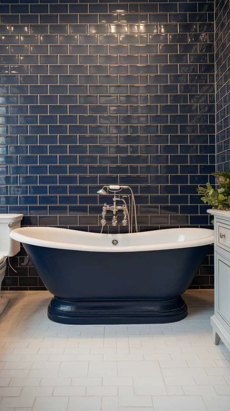 A navy blue freestanding bathtub against a navy tiled wall in a stylish bathroom.