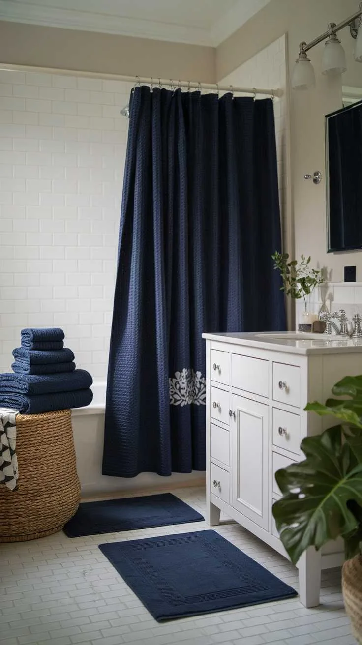 A navy blue bathroom featuring a shower curtain and towels with white decorative accents.