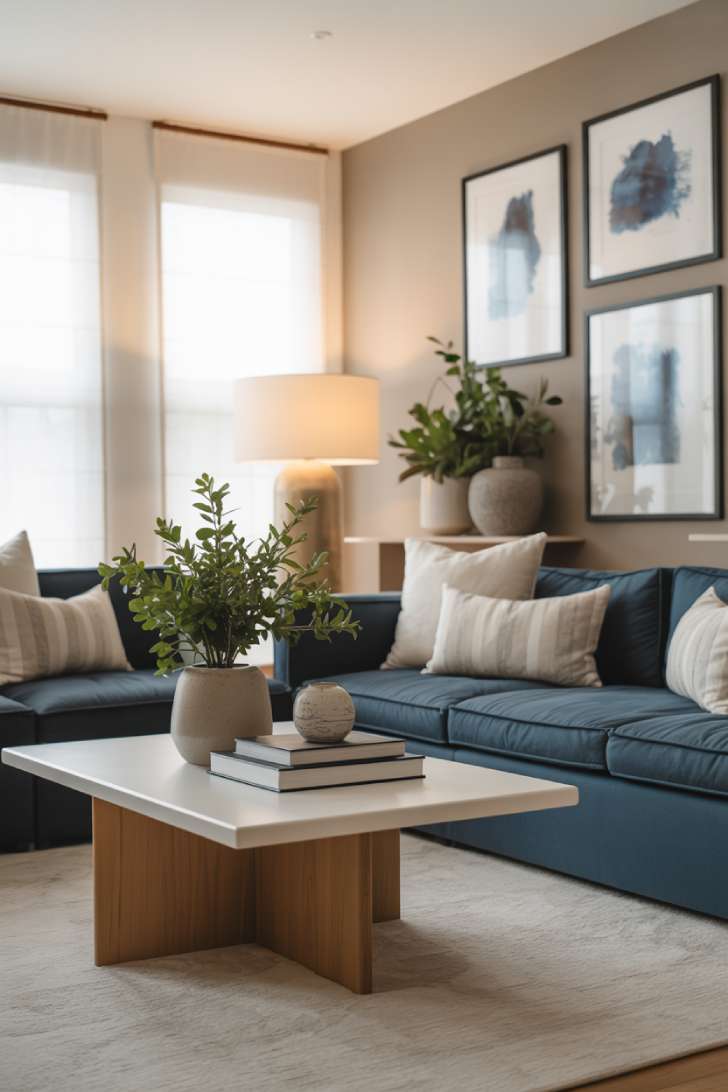 12 Fresh Neutral and Blue Living Room Ideas for Harmony 1 Modern living room with navy blue sectional sofa, cream throw pillows, white coffee table, and abstract blue artwork on a beige accent wall