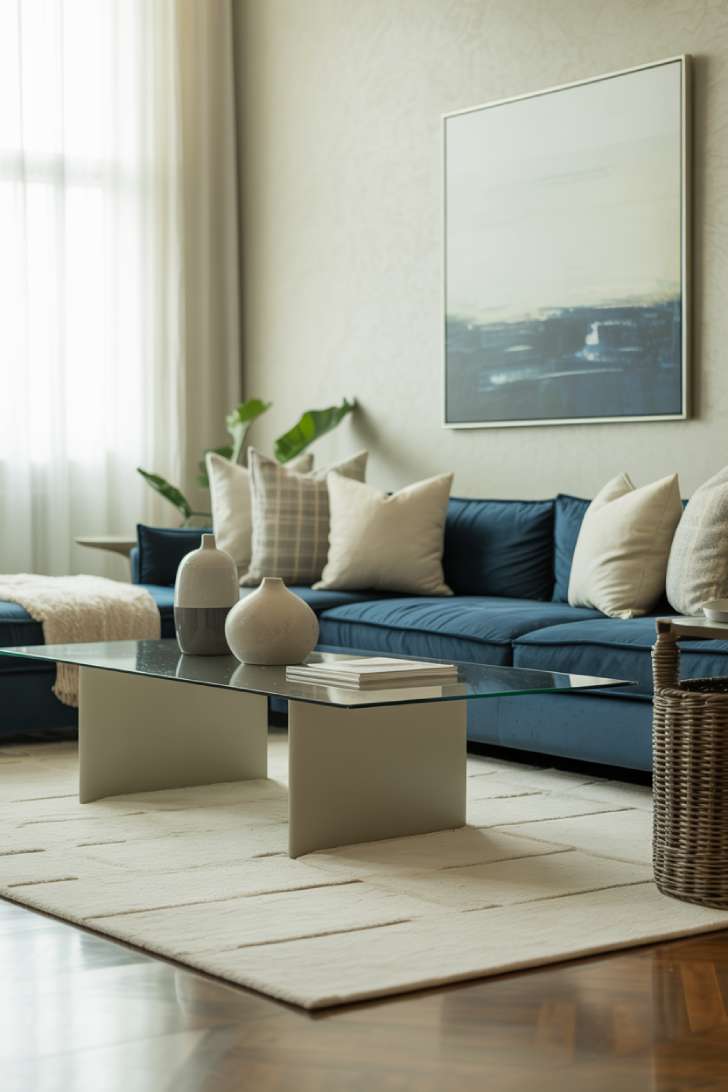 12 Fresh Neutral and Blue Living Room Ideas for Harmony 2 Living room featuring navy sectional, glass coffee table on cream geometric rug, abstract blue-gray art above the sofa, with polished hardwood floors and sheer curtains