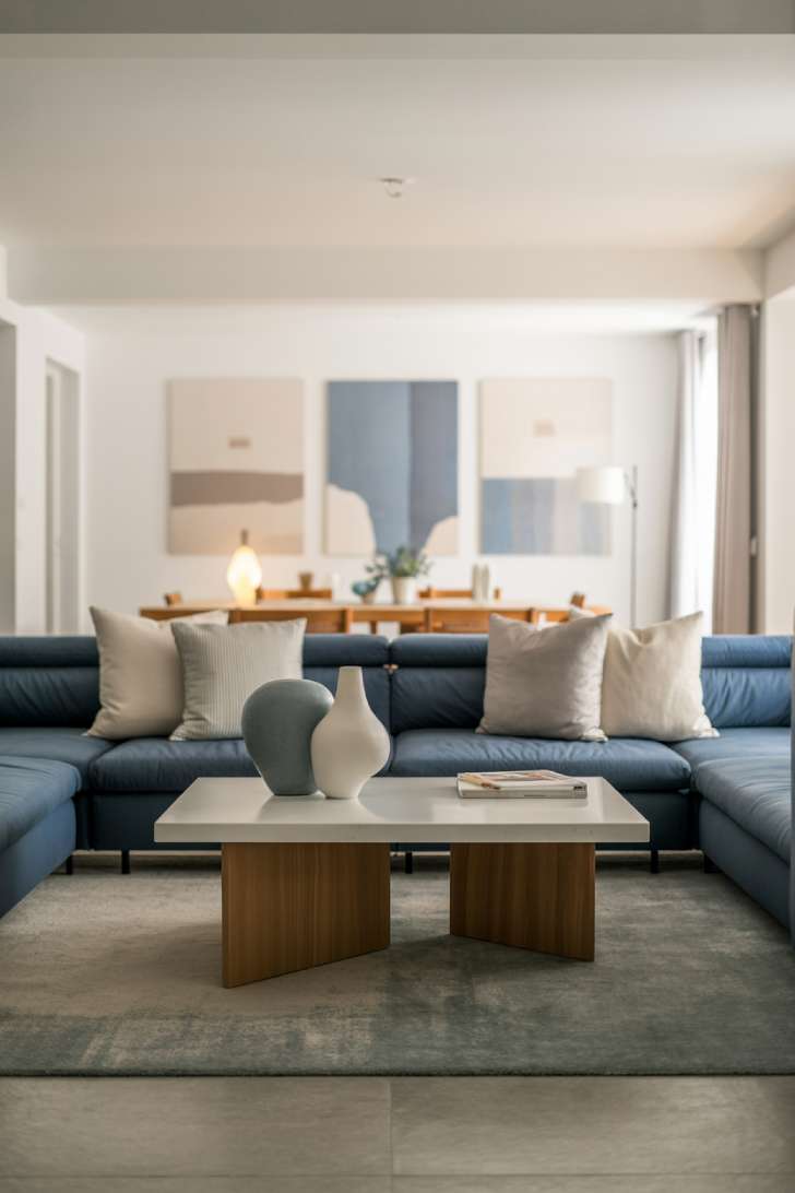 12 Fresh Neutral and Blue Living Room Ideas for Harmony 4 Contemporary living room with navy blue sectional, white coffee table, cream and gray throw pillows, soft blue and beige abstract wall art, muted gray area rug, and a modern floor lamp