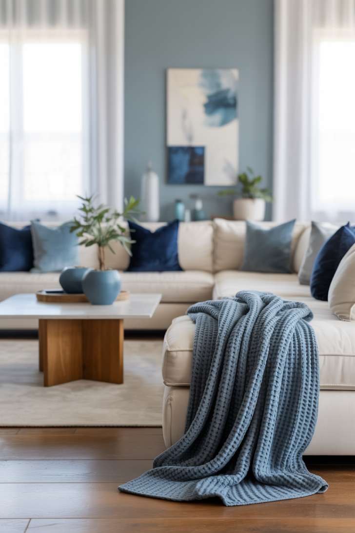 12 Fresh Neutral and Blue Living Room Ideas for Harmony 5 Cream sectional adorned with navy and powder blue pillows, a dusty blue knitted throw draped over one corner, white coffee table, soft gray accent wall with abstract blue art, and small blue ceramic planters