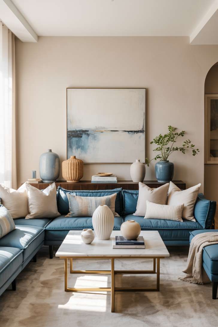 12 Fresh Neutral and Blue Living Room Ideas for Harmony 6 Navy sectional with cream and light gray pillows, white marble coffee table with brass accents, soft beige walls with abstract blue-and-white painting, cream area rug, powder blue ceramic vases, and woven baskets