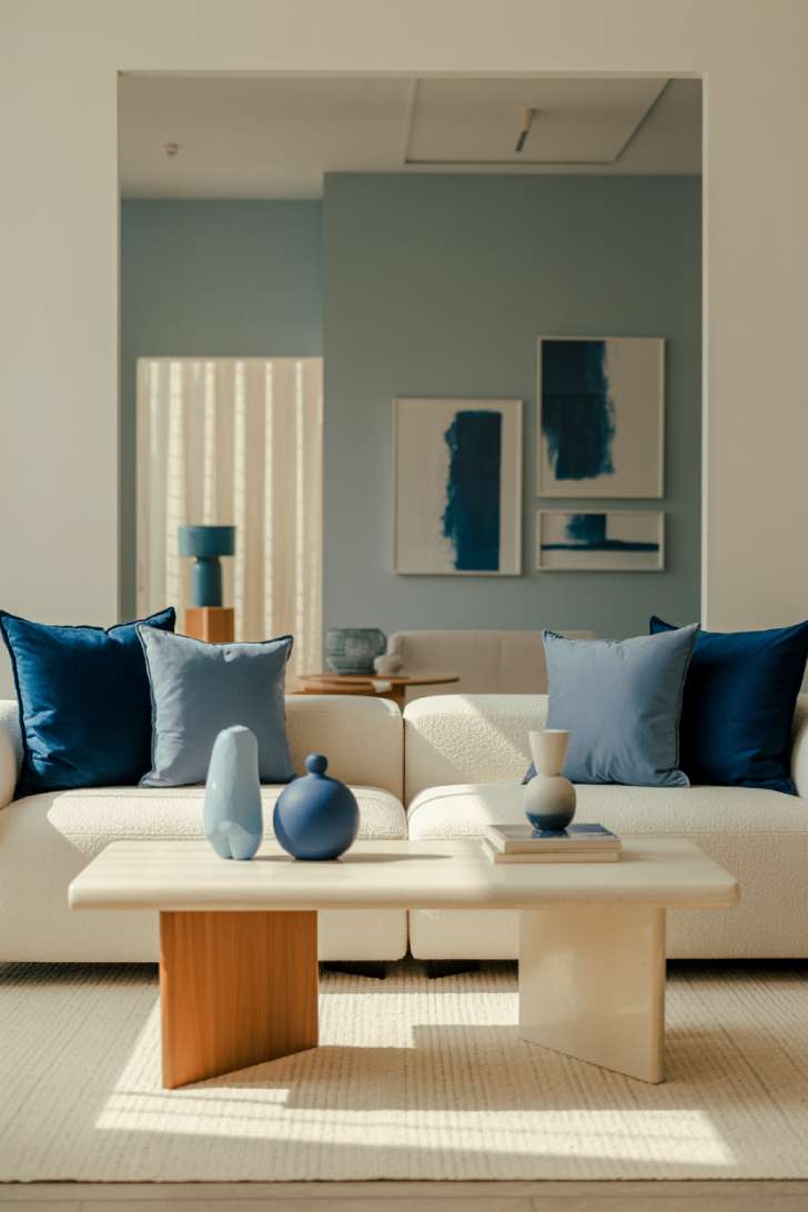 12 Fresh Neutral and Blue Living Room Ideas for Harmony 9 Cream sectional with navy and powder blue pillows, white coffee table with wood accents, soft gray accent wall with abstract blue artwork in floating frames, ivory area rug, warm natural light through sheer curtains