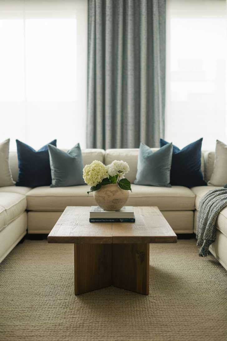 12 Fresh Neutral and Blue Living Room Ideas for Harmony 12 Cream sectional with navy and powder blue pillows, rustic wooden coffee table on textured beige rug, white hydrangeas in ceramic vase, stack of coffee table books, steel blue curtains, and geometric throw blanket, with natural light from large windows