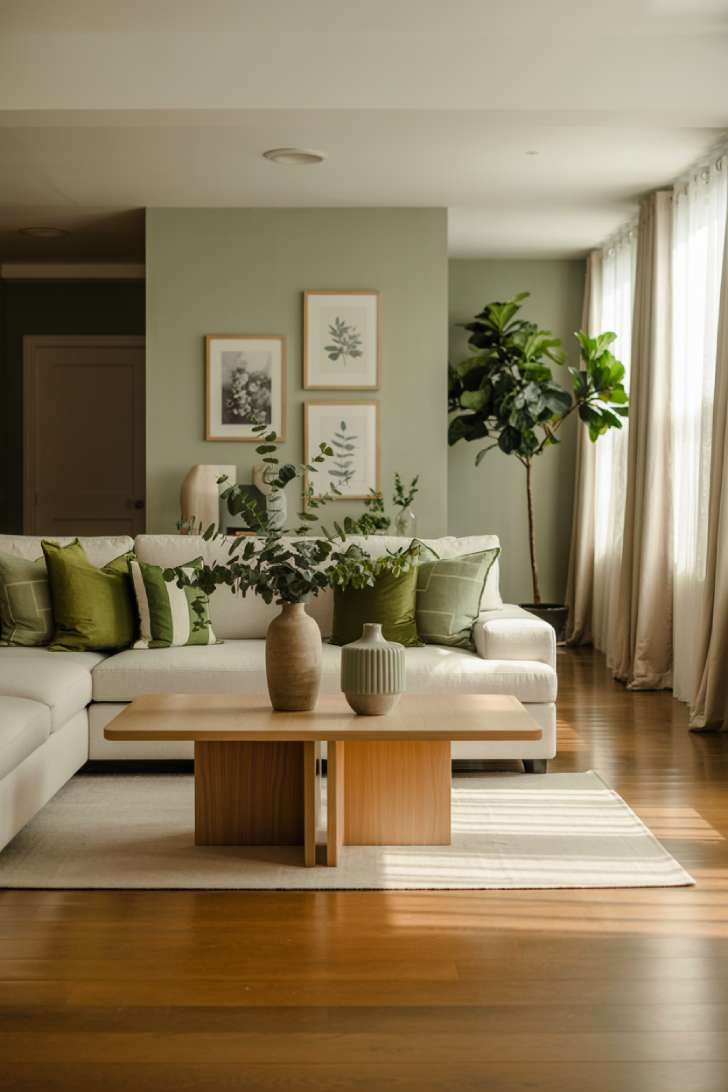 Modern neutral and green living room featuring a cream sectional, sage and olive pillows, light oak coffee table with eucalyptus, and a fiddle leaf fig by floor-to-ceiling windows