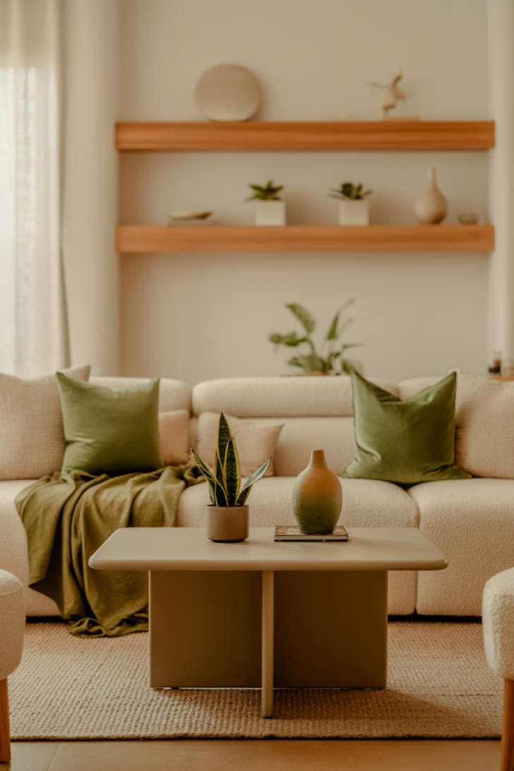 Bright neutral living room with cream sofa, sage pillows, olive blanket, low wood coffee table, snake plant, terracotta vase, and wood floating shelves with succulents