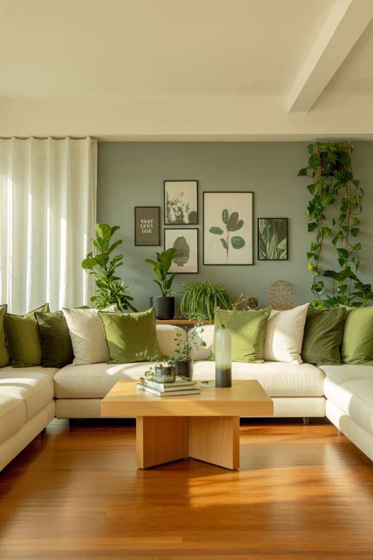 Contemporary neutral and green living room with cream sectional, sage and olive pillows, geometric wood coffee table, botanical prints in black frames, fiddle leaf fig, and cascading pothos
