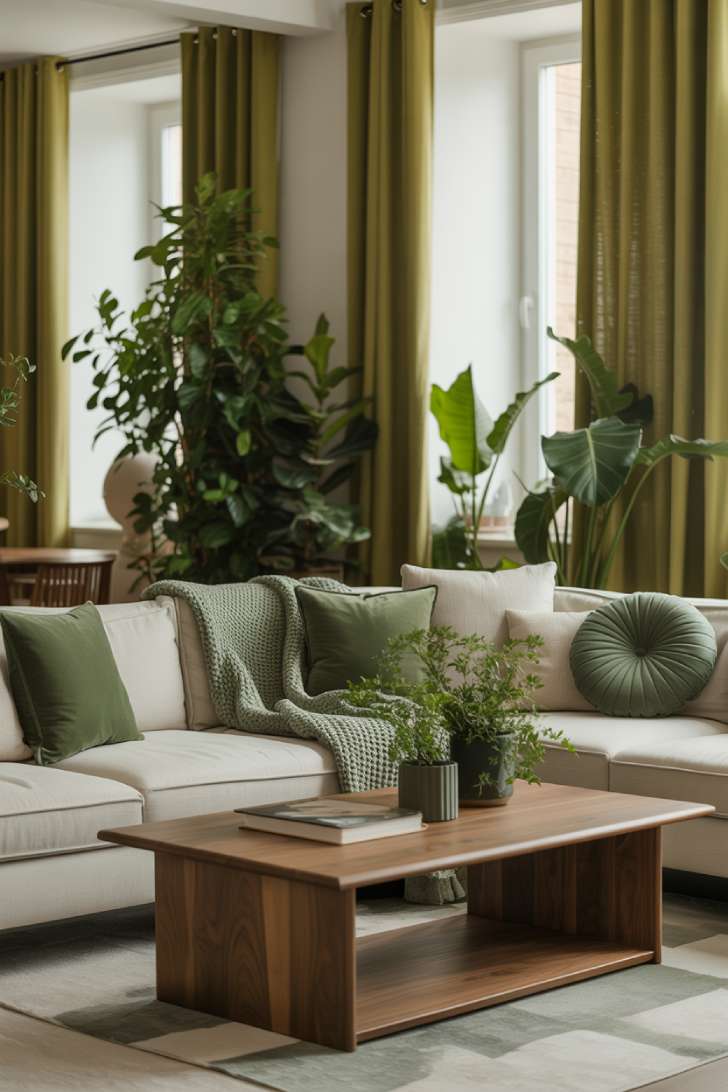 Stylish neutral and green living room with cream sectional, sage pillows, chunky knit blanket, walnut coffee table, fiddle leaf fig, monstera, and olive green curtains framing tall windows