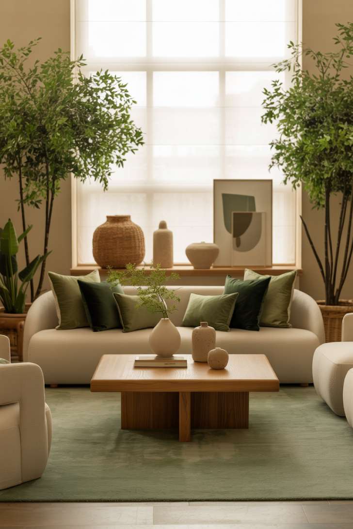 Sophisticated neutral and green living room with cream sectional, forest green and sage pillows, wood coffee table, tall flanking plants, sage green area rug, woven baskets, and minimalist wall art