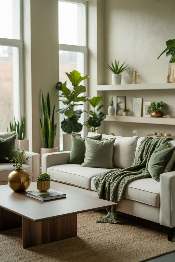 Modern neutral and green living room with cream sectional, forest green pillows, chunky knit blanket, walnut coffee table, fiddle leaf fig, succulents on floating shelves, jute rug, and brass accent pieces