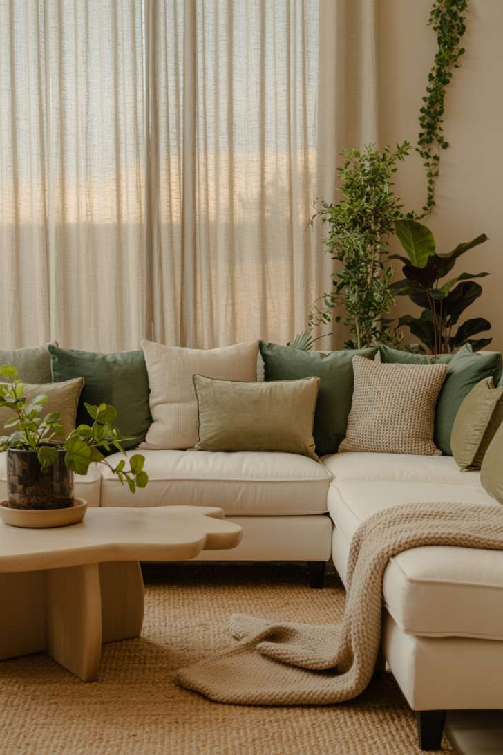 Stylish neutral and green living room with cream sectional, forest green and beige pillows, organically curved wood coffee table, jute rug, chunky knit throw, fiddle leaf fig, and trailing pothos with sheer linen curtains