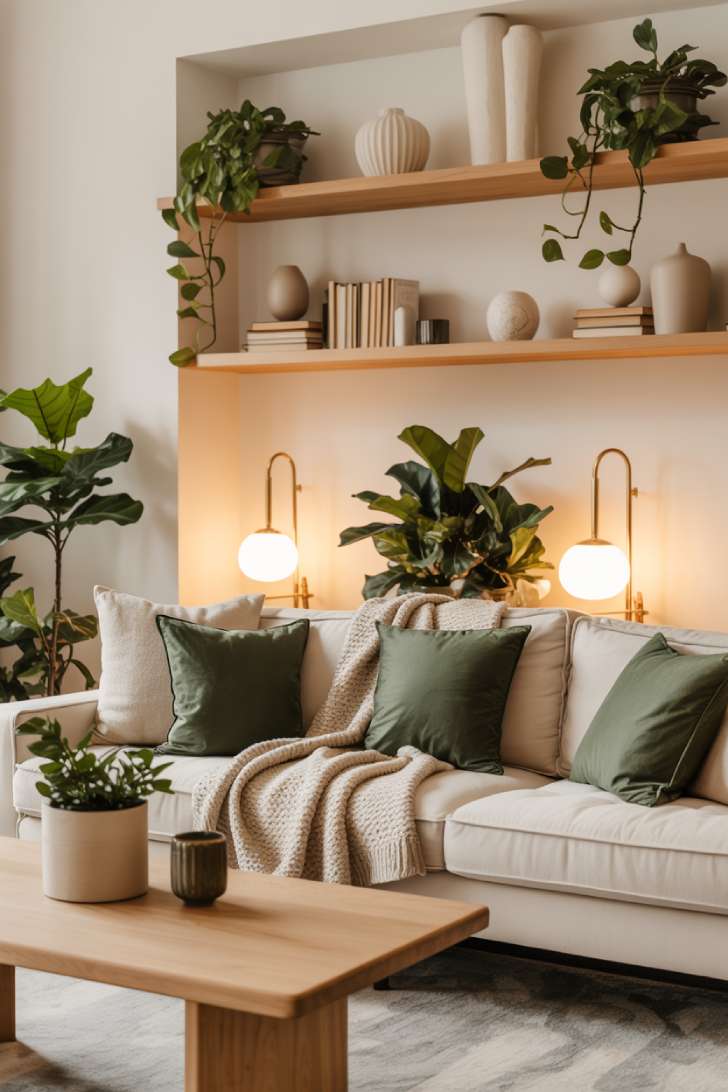 Cozy Scandinavian-inspired neutral and green living room with cream sectional, forest green pillows, chunky knit blanket, wood coffee table, fiddle leaf fig, pothos, brass table lamps, and warm off-white walls with wood shelving