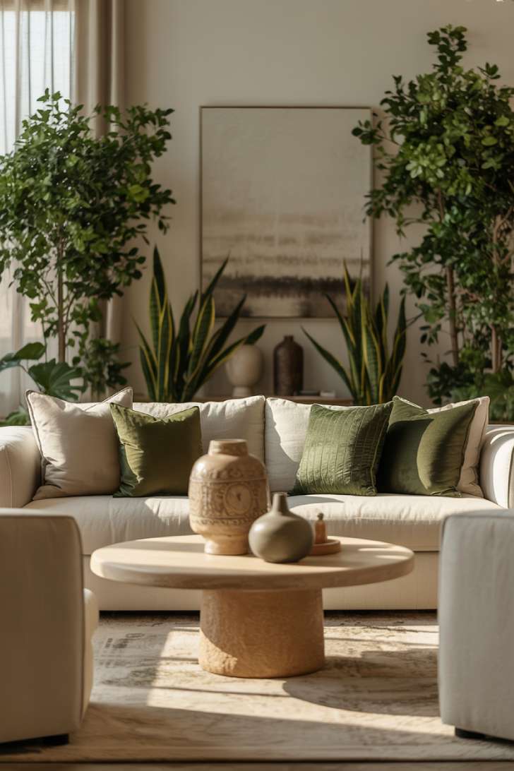 Stylish neutral and green living room with cream sectional, sage and olive pillows, wood coffee table with ceramic vases, tall framing plants, abstract earth-tone artwork, and sheer curtains