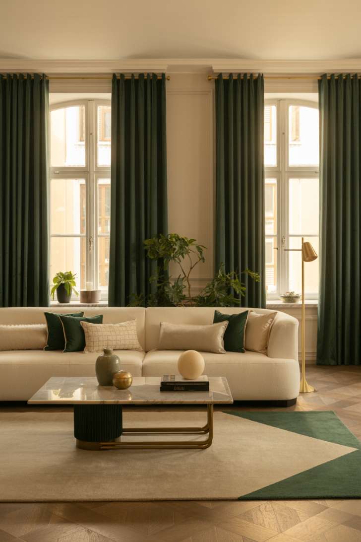 Elegant neutral and green living room with cream sectional, sage and ivory pillows, marble coffee table with brass accents, emerald green velvet curtains, geometric beige and forest green rug, brass floor lamp, and scattered potted plants