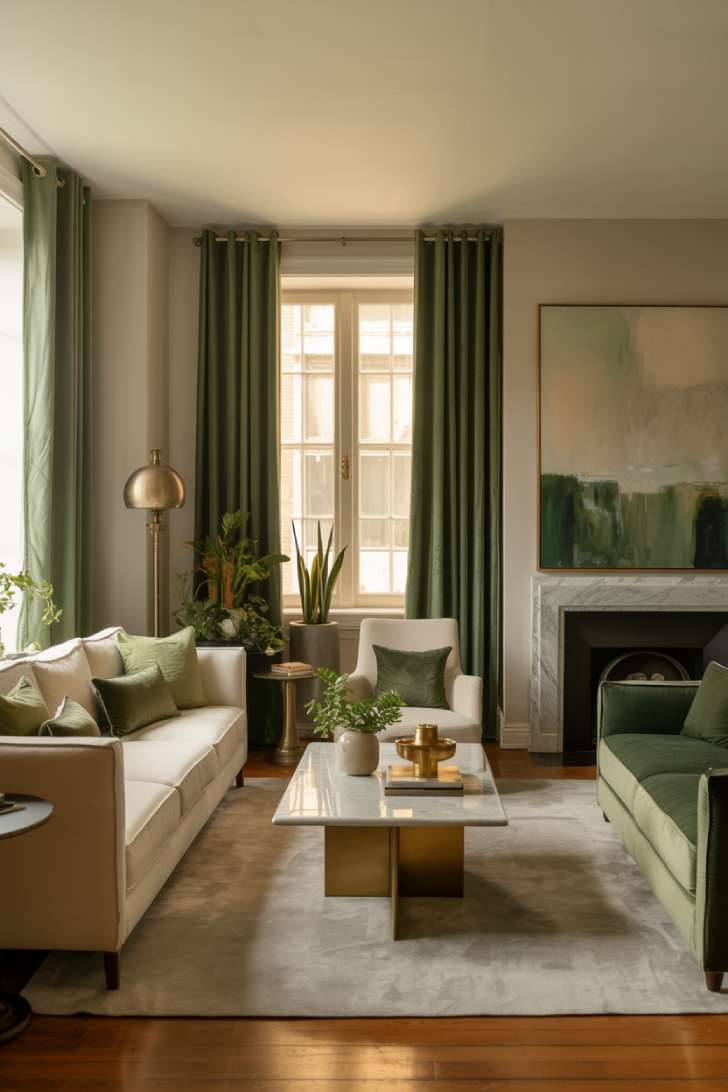 Elegant neutral and green living room with cream sectional, sage and ivory pillows, marble coffee table, emerald curtains, abstract green and beige painting above a white fireplace mantel, hardwood floors, and a vintage brass floor lamp