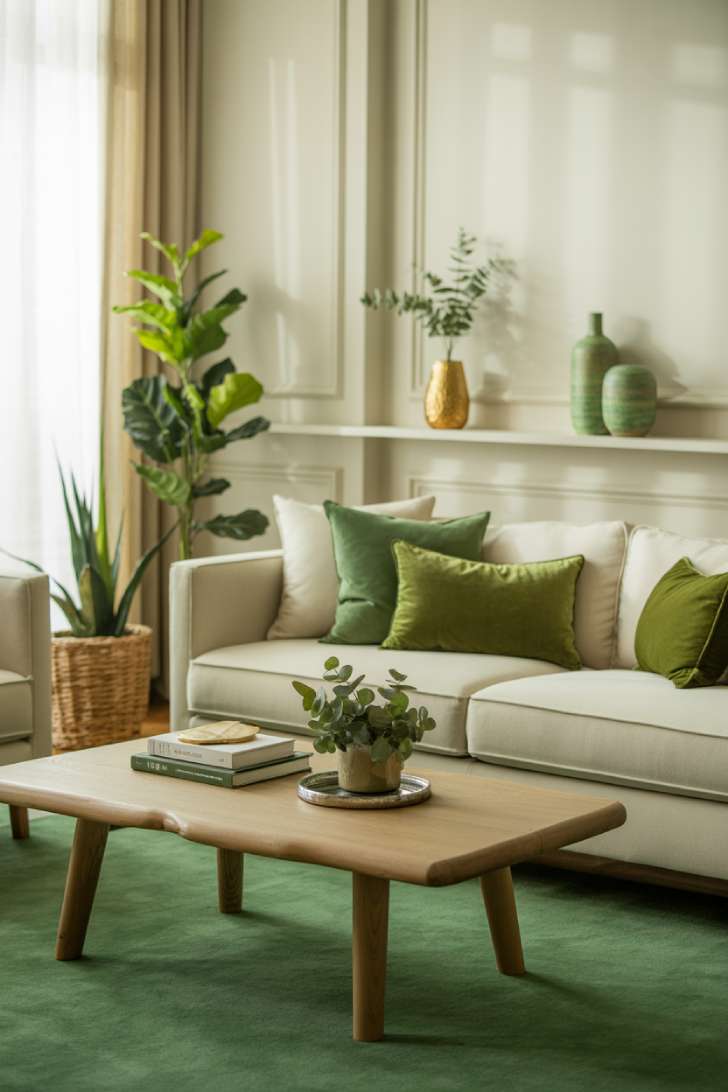 Elegant neutral and green living room with cream sofa, sage and olive velvet pillows, large emerald green area rug, wood coffee table with eucalyptus plant and books, fiddle leaf fig in woven basket, and muted green ceramic vases on floating shelves