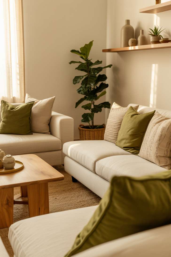 Small neutral and green living room with cream sectional, olive and linen pillows, wood coffee table with natural grain, fiddle leaf fig in woven basket, floating wood shelves with succulents and ceramics, and a soft jute rug