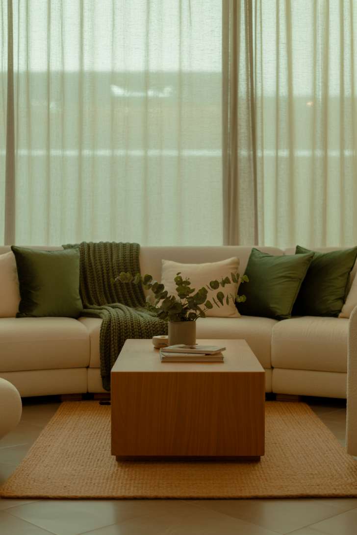 Small stylish neutral and green living room with cream sectional, forest green pillows, chunky knit blanket, sleek wood coffee table on a jute rug, potted eucalyptus plant, and books with sheer curtains
