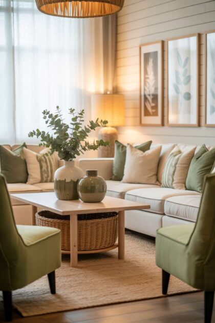 A neutral and green living room