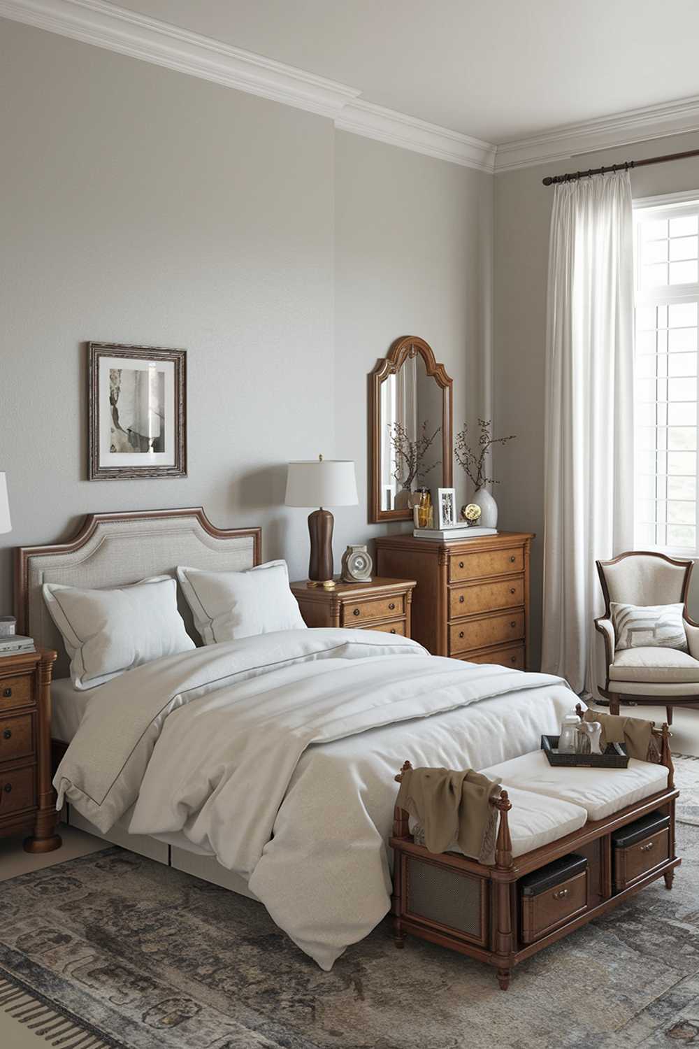 A highly detailed neutral bedroom decor with a queen bed, two nightstands, a dresser, and a chair. The bed has a white duvet cover and two white pillows. The nightstands are made of wood and have a lamp and a decorative item. The dresser is also made of wood and has a mirror. The chair is placed near the window. The walls are painted in a light gray color. There is a rug on the floor. The room has a white window with curtains.