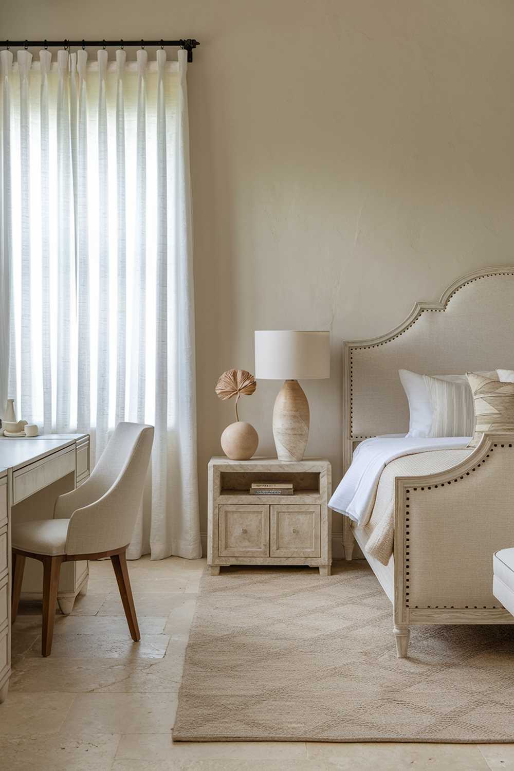 A neutral bedroom decor. The room has a beige wall, a white wooden bed frame with a beige headboard and a beige wool rug. There's a white desk, a beige chair, and a wooden nightstand next to the bed. On the nightstand, there's a white lamp and a beige vase with a dried flower. The room has a window with white curtains. The floor is made of beige tiles.