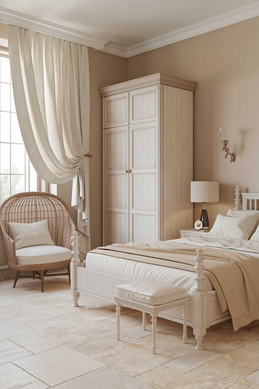 A highly detailed neutral bedroom decor with a calm and serene ambiance. The room has a beige wall, a white wooden bed with a beige blanket and two white pillows. There is a beige chair with a white cushion near the bed. The floor is made of beige tiles. There is a white cabinet with a beige door near the bed. The room has a lamp on the beige chair and a white lampshade on the bed. The room has a window with white curtains.