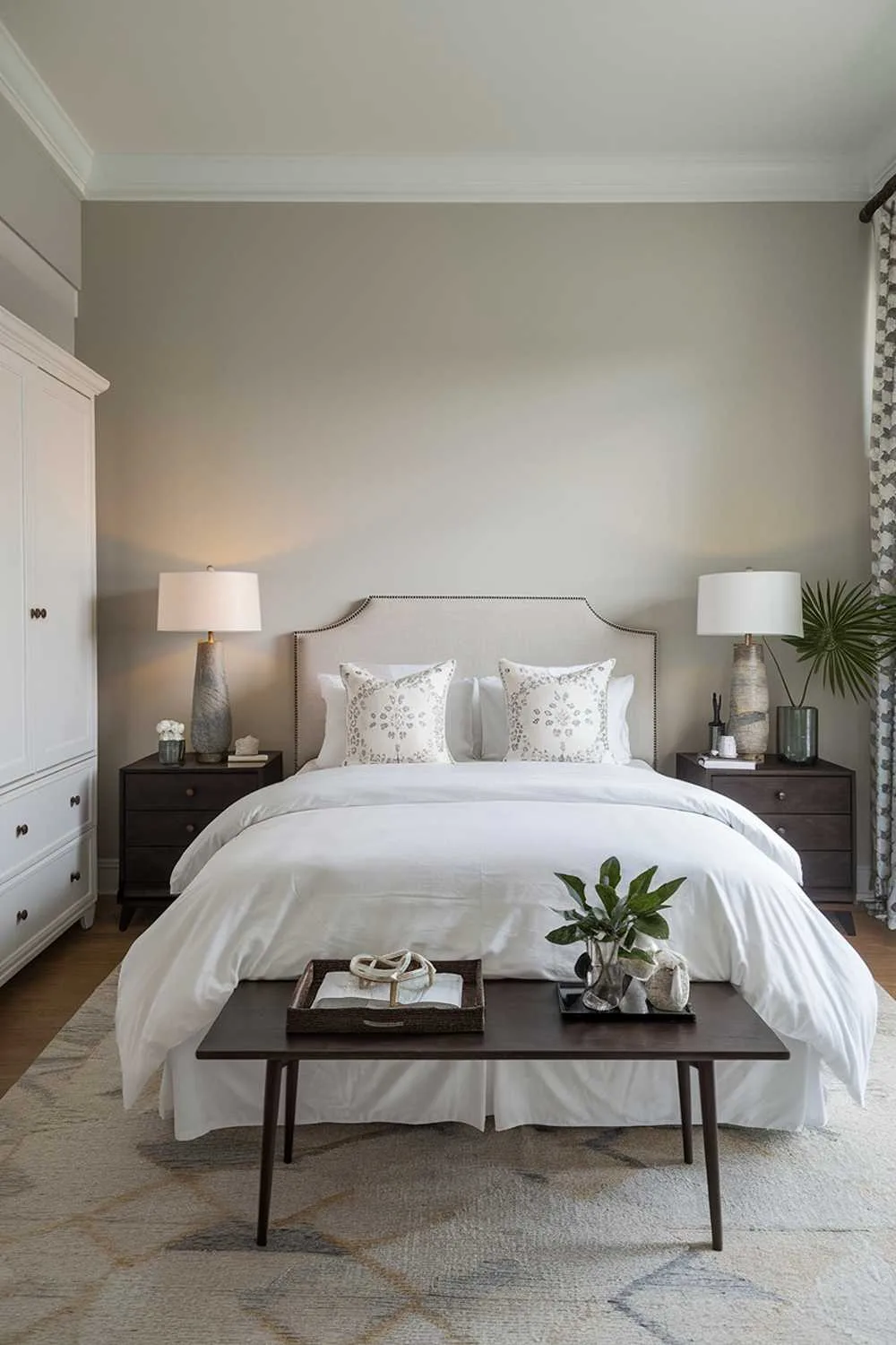 A neutral bedroom decor with a high level of detail. The room has a queen-size bed with a white duvet and two decorative pillows. There's a dark wood bedside table on each side of the bed, with a lamp and a decorative item on top. The walls are painted in a light gray color. There's a white wardrobe, a rug, and a small plant in the room. The lighting is soft.