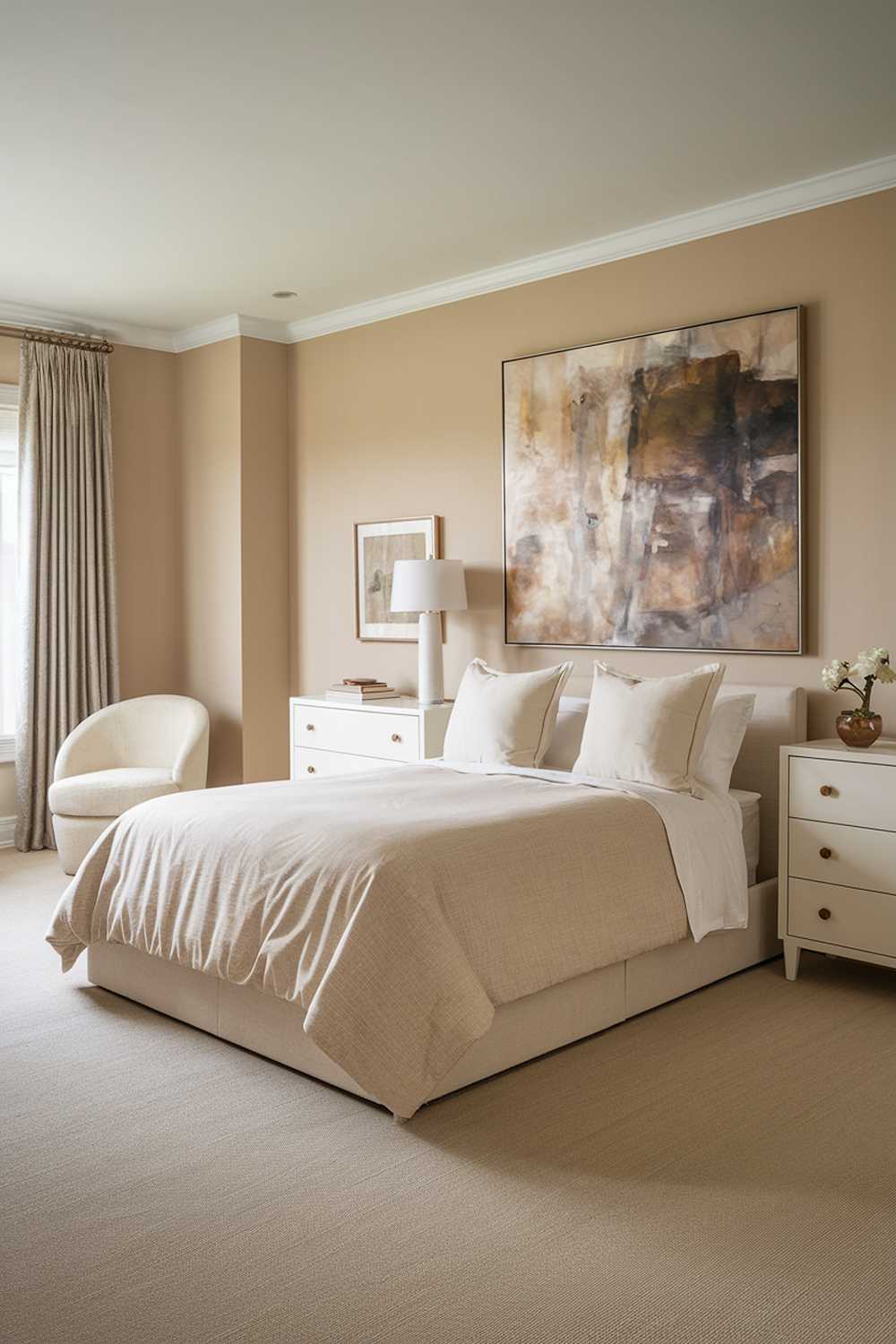 A neutral bedroom decor. The room contains a queen-size bed with a beige comforter and two white pillows. There's a beige chair in the corner near the window. A white dresser with three drawers is placed against the wall opposite the bed. The walls are painted in a soft beige hue. A large, abstract painting with earthy tones hangs above the bed. The floor is covered with beige carpeting.