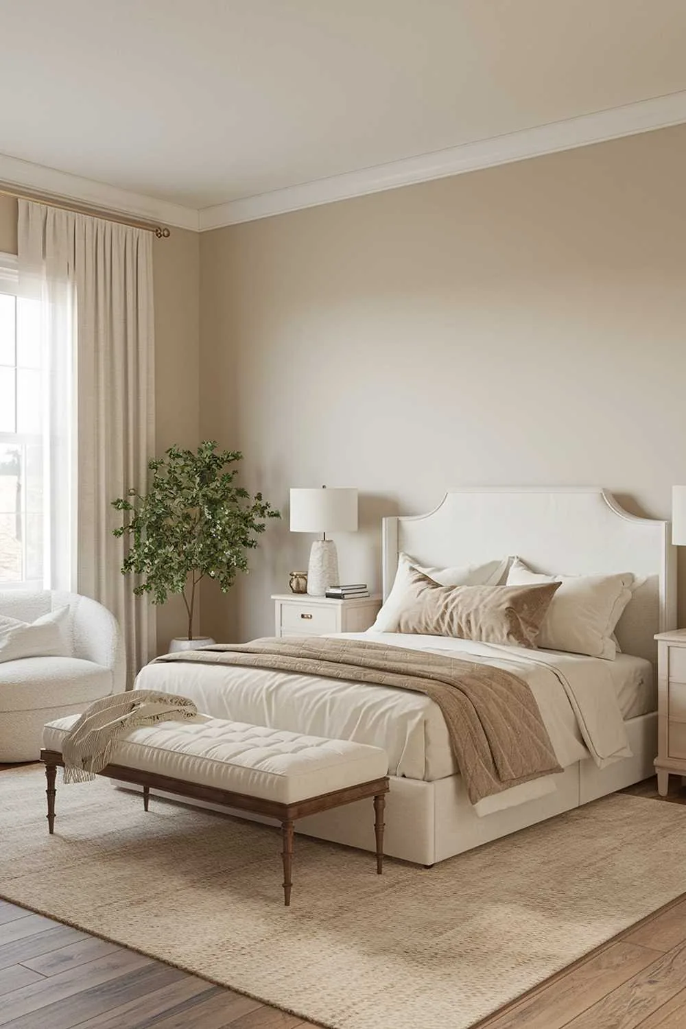 A highly detailed neutral bedroom decor inspiration with a queen bed, two bedside tables, a chair, a lamp, and a plant. The walls are painted a soft beige color. The bed has a white headboard and is placed against the wall. The floor is covered with a beige rug. There are two white bedside tables placed on either side of the bed. A white chair is placed near the window. A white lamp is placed on one of the bedside tables. A green plant is placed on the other bedside table. The room has a window with white curtains.