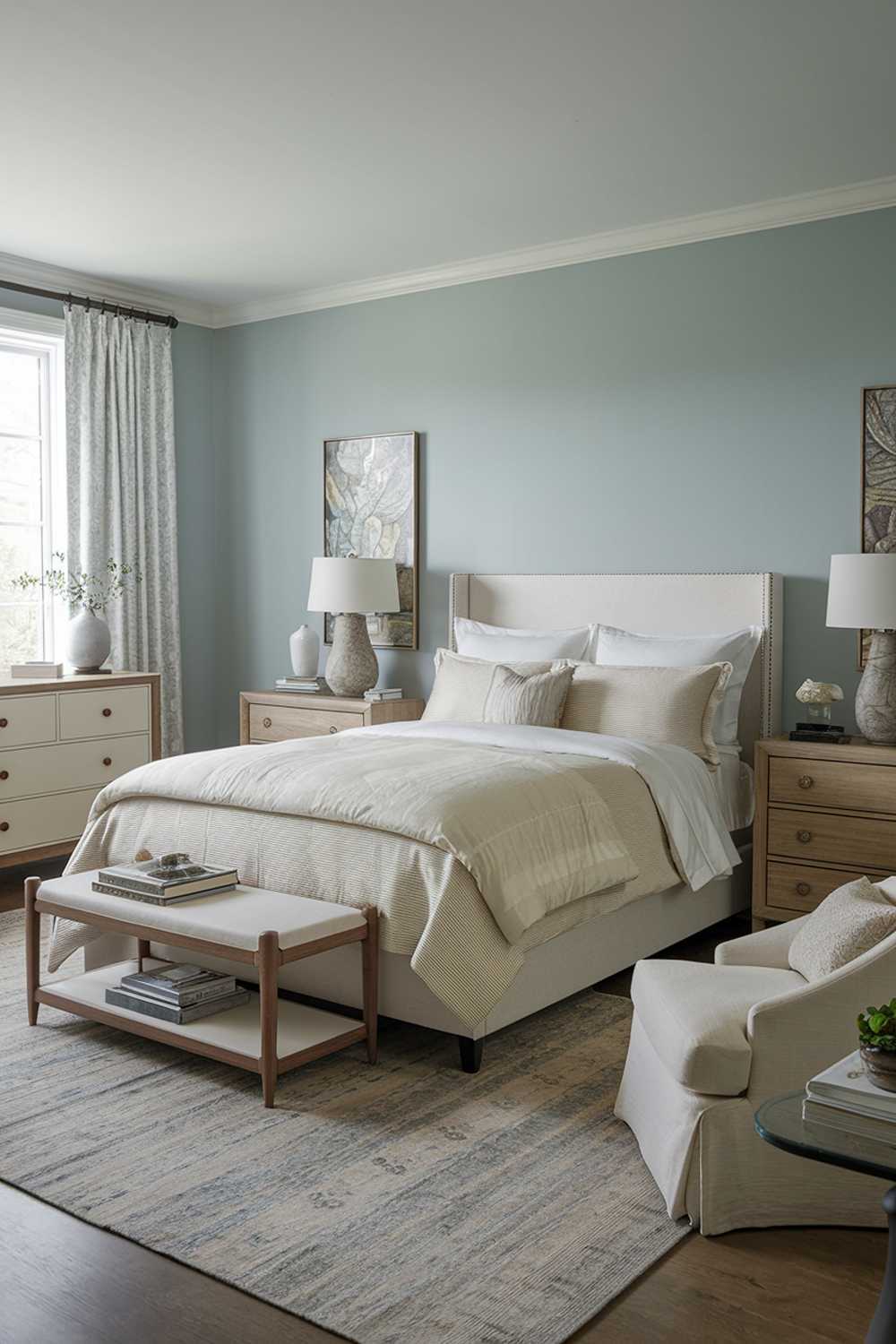 A highly detailed photo of a neutral bedroom decor inspiration with a queen-sized bed, two nightstands, a dresser, and a chair. The bed has a white frame and a beige comforter. The nightstands and the chair have a wooden finish. The dresser has a beige body and white drawers. The walls are painted in a light blue shade. There's a rug beneath the bed. The room has a window with white curtains.