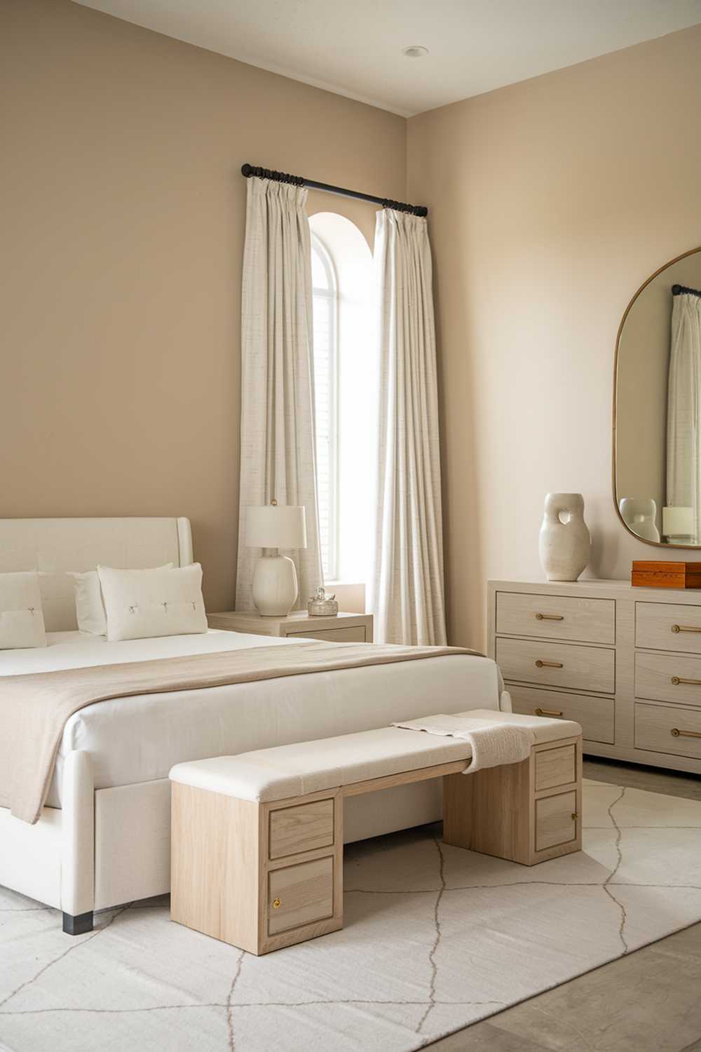 A neutral bedroom with a king-size bed, two nightstands, a dresser, and a large mirror. The bed has a white mattress and is covered with a beige blanket. The nightstands and dresser have a light wood finish. The walls and floor are painted in a soft beige hue. There is a white area rug beneath the bed. The large mirror is mounted on the wall above the dresser. The room has a few decorative items, including a ceramic lamp on one of the nightstands and a wooden box on the dresser. The room has a large window with white curtains.